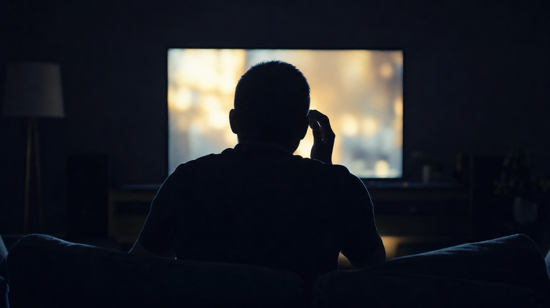 A person leaning forward towards a glowing television in a dark room, one hand near their ear, straining to catch the dialogue